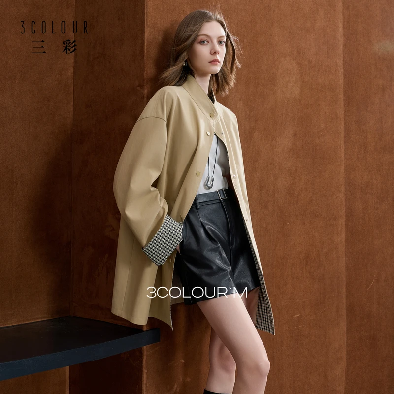【莱赛尔】三彩2025秋季新款中长风衣卡其色外套立领宽松休闲女M