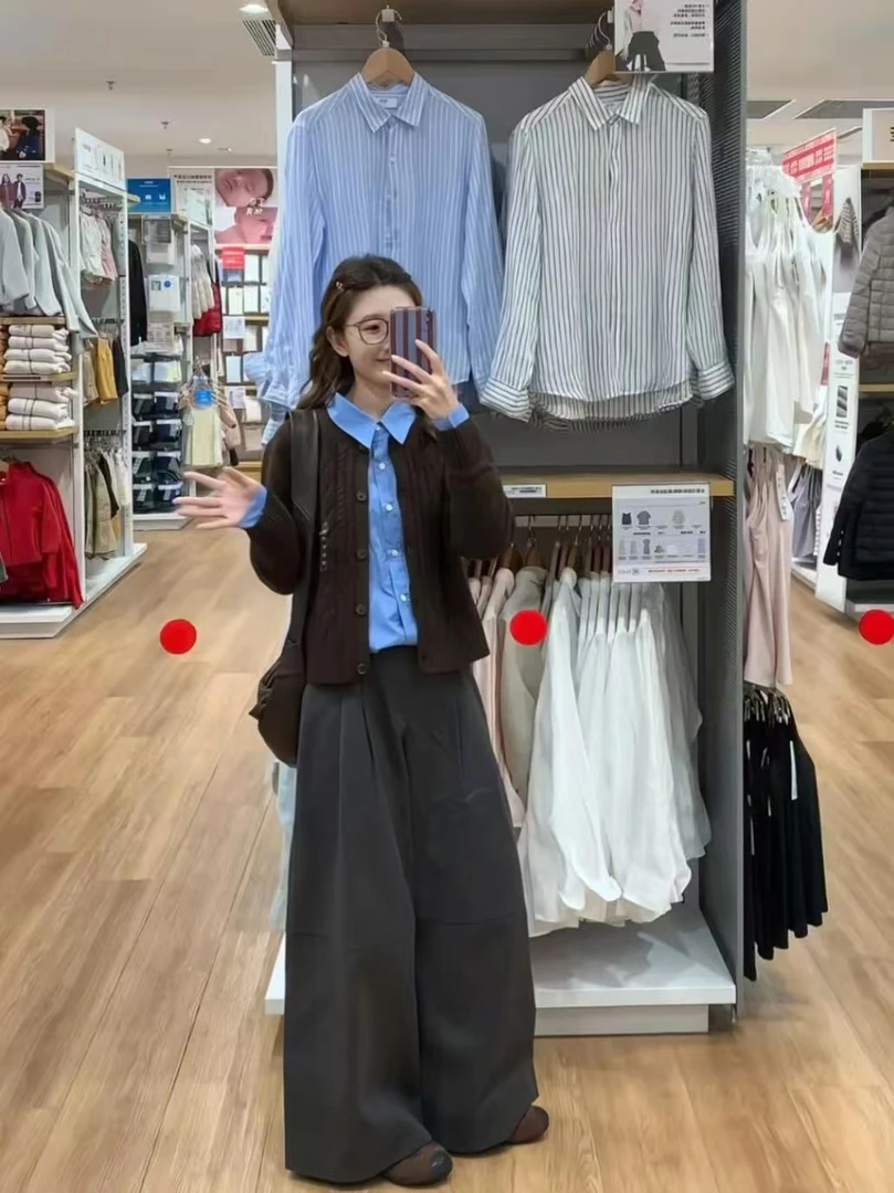 2025秋季新款韩系简约长袖毛衣毛衫针织衫外套百搭休闲阔腿裤套装