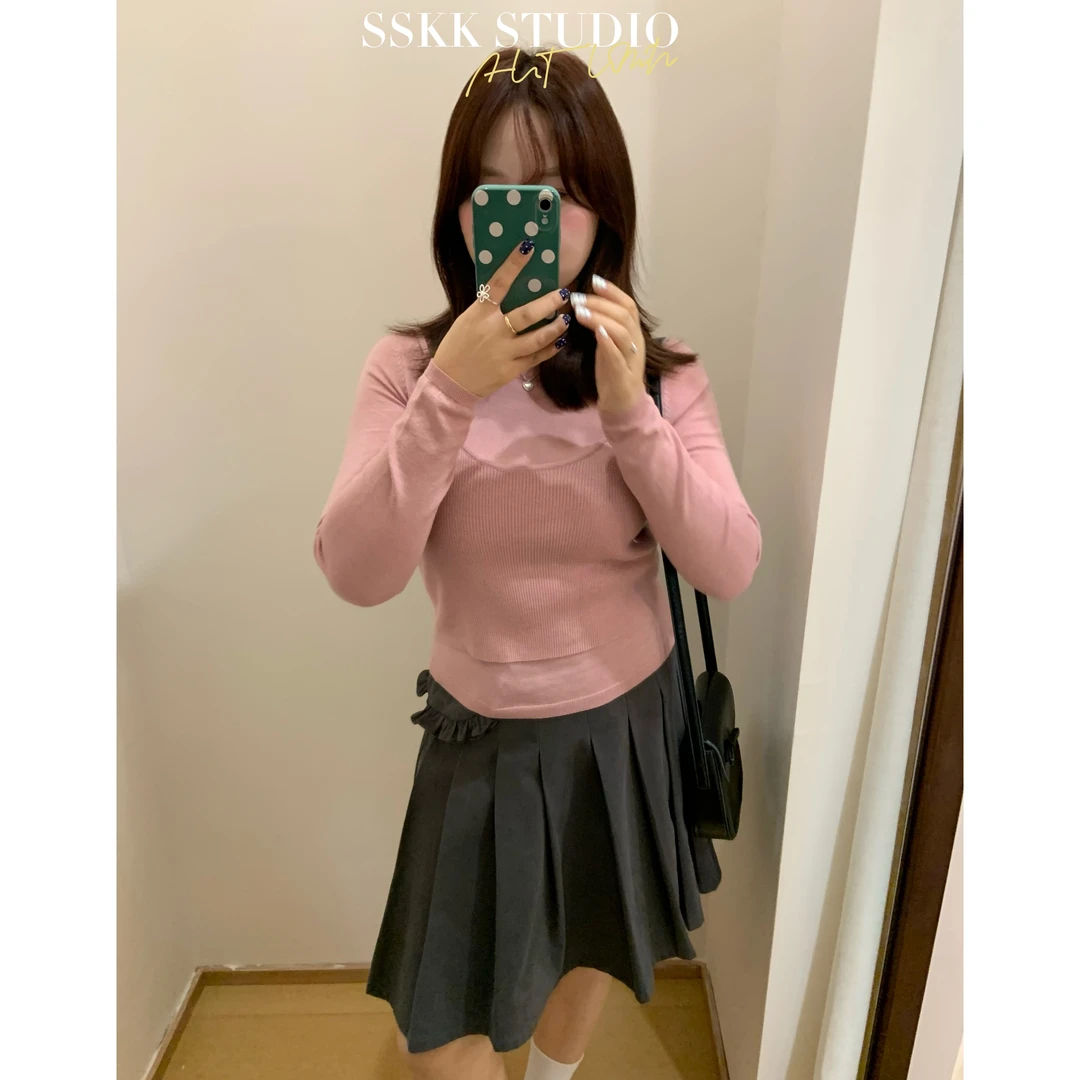 KMZY/KMZY山_山【甜桃少女】微胖韩系慵懒风假两件长袖休闲毛织上衣