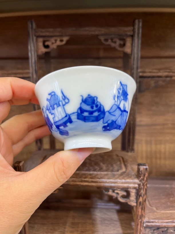 景德镇创汇青花老者煮茶陶瓷手工品茗杯70cc