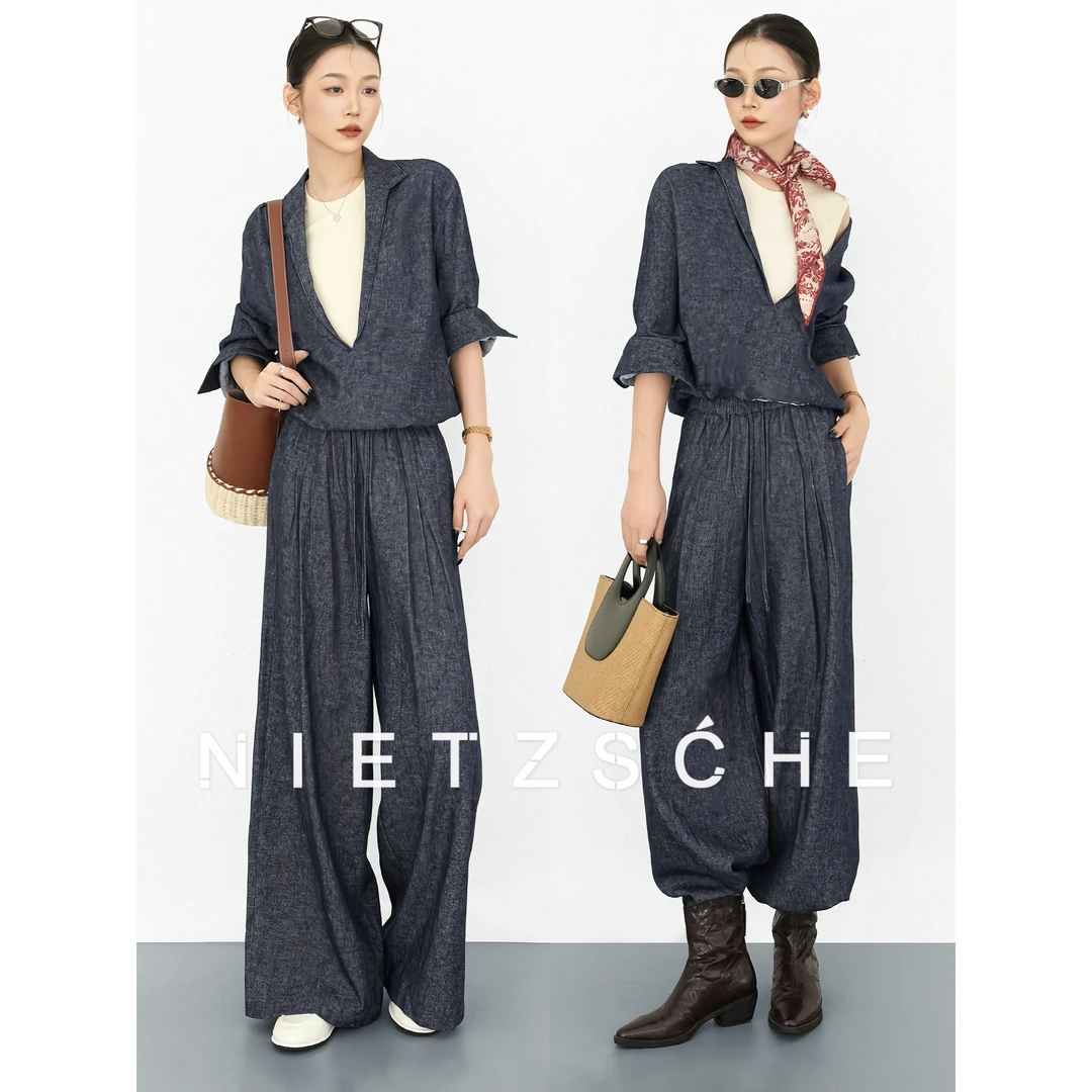 Nietzsche｜淡人亚麻套装｜亚麻棉 重磅慵懒懒人两件蓝套装71117