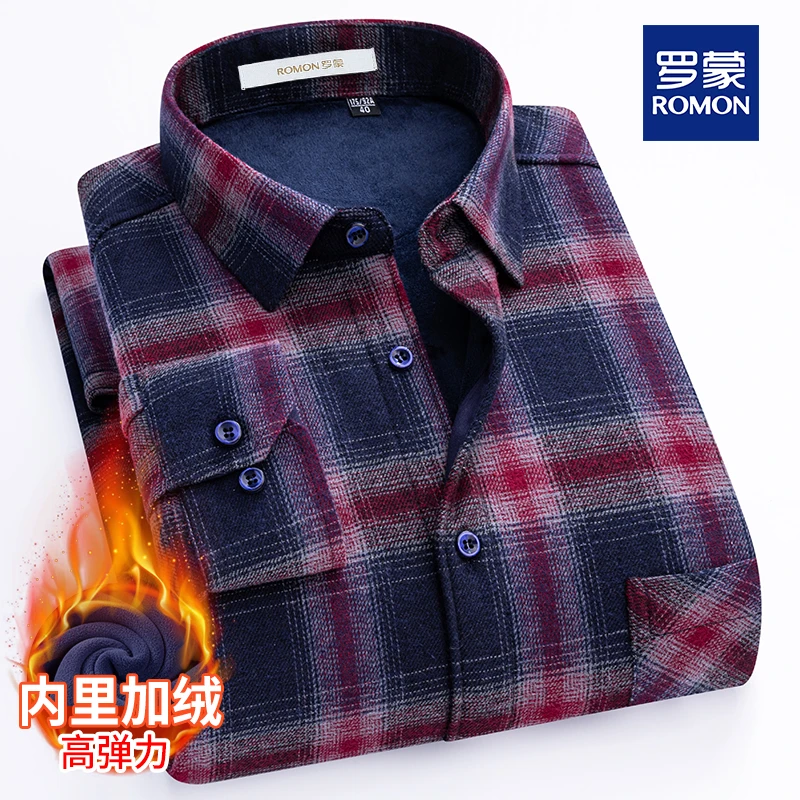 罗蒙100%纯棉轻奢男士格子保暖衬衫中年时尚加绒加厚款衬衣爸爸装
