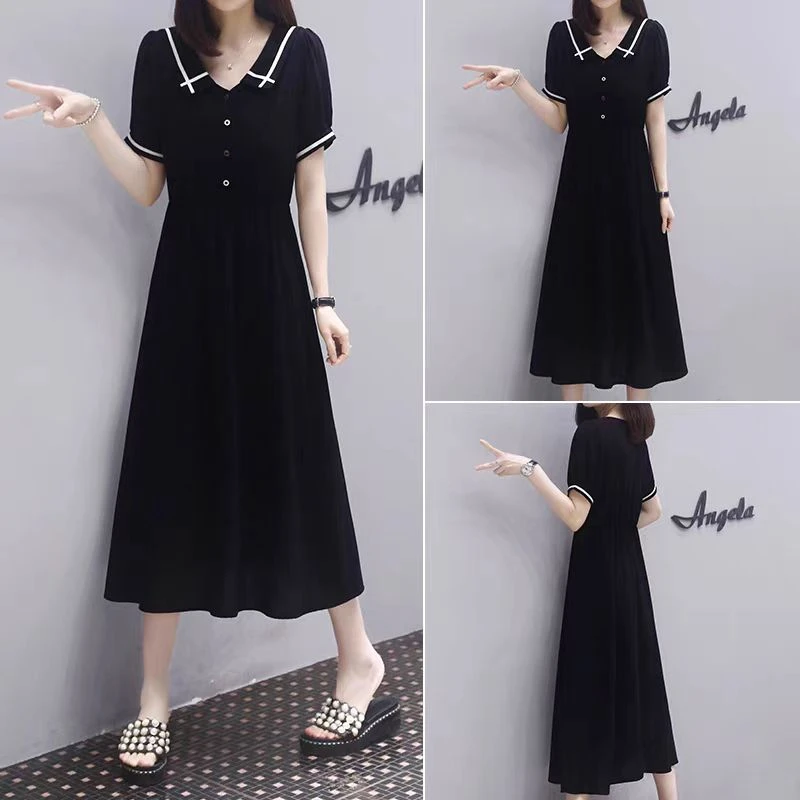 0048大码海军领西装连衣裙女夏显瘦收腰高级感学姐初恋a字小黑裙