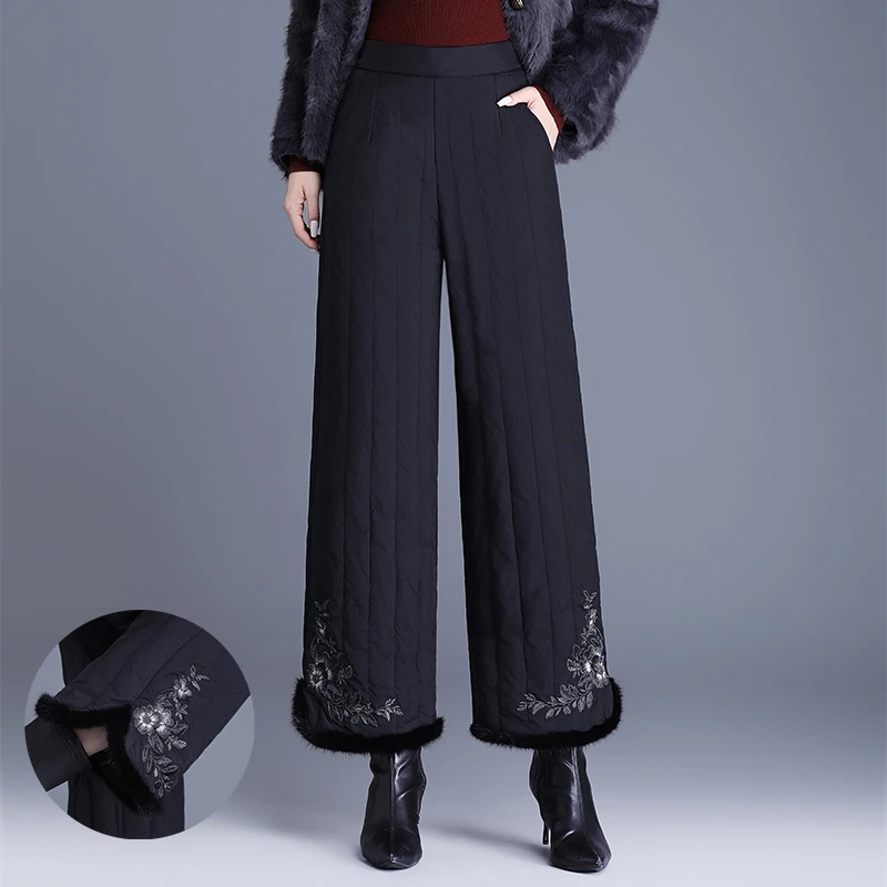 高腰加绒加厚保暖阔腿裤女士九分外穿小个子中年妈妈保暖休闲裤子