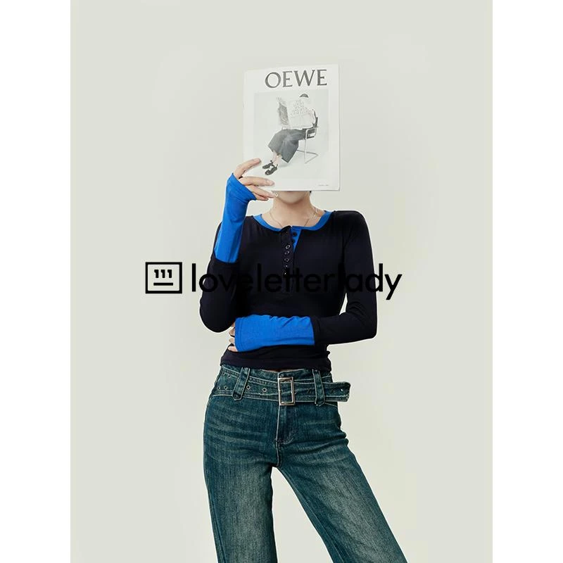 周里物/黑色T恤女2025初春新款拼色休闲风修身显瘦套头长袖打底衫