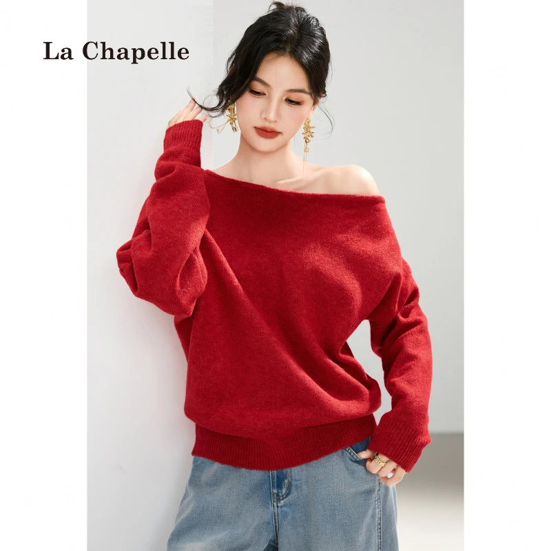 拉夏贝尔温柔一字肩套头针织衫女秋冬时尚高级感韩系气质长袖毛衣