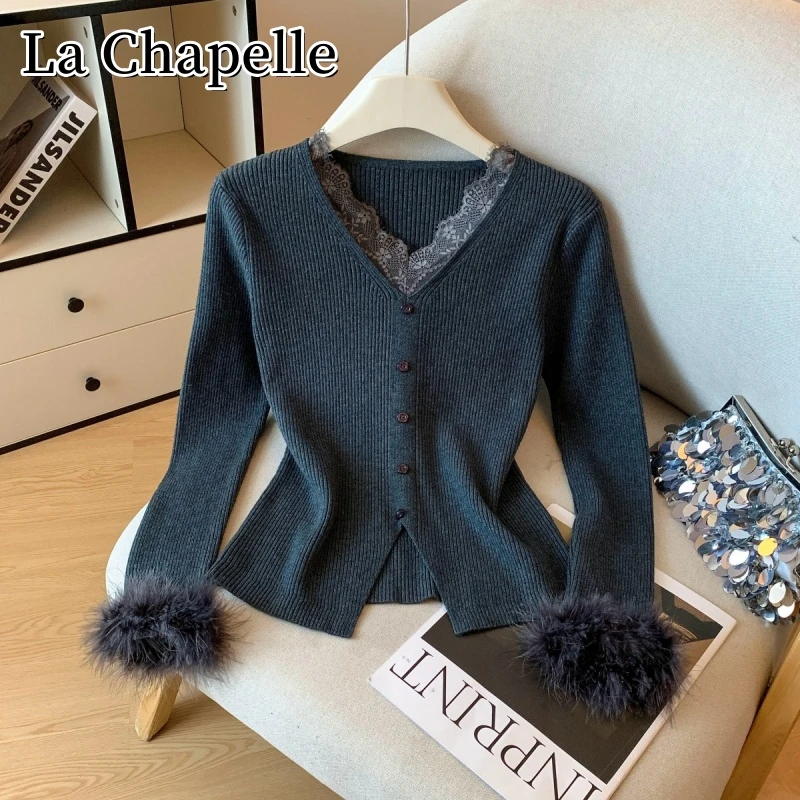 拉夏贝尔秋冬法式V领套头软糯针织衫气质百搭蕾丝花边拼接毛衣女
