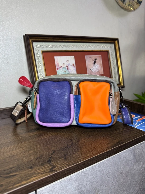复古拉链暗袋休闲耐磨拼色挎包个性女士撞色相机包小包