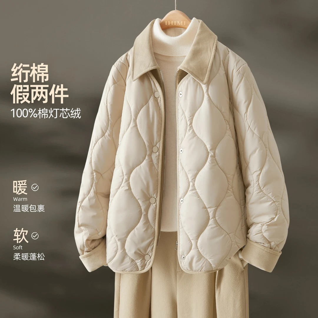 IHIMI/海谧【假两件衬衫式设计棉衣】冬季百搭灯芯绒拼接棉服外套