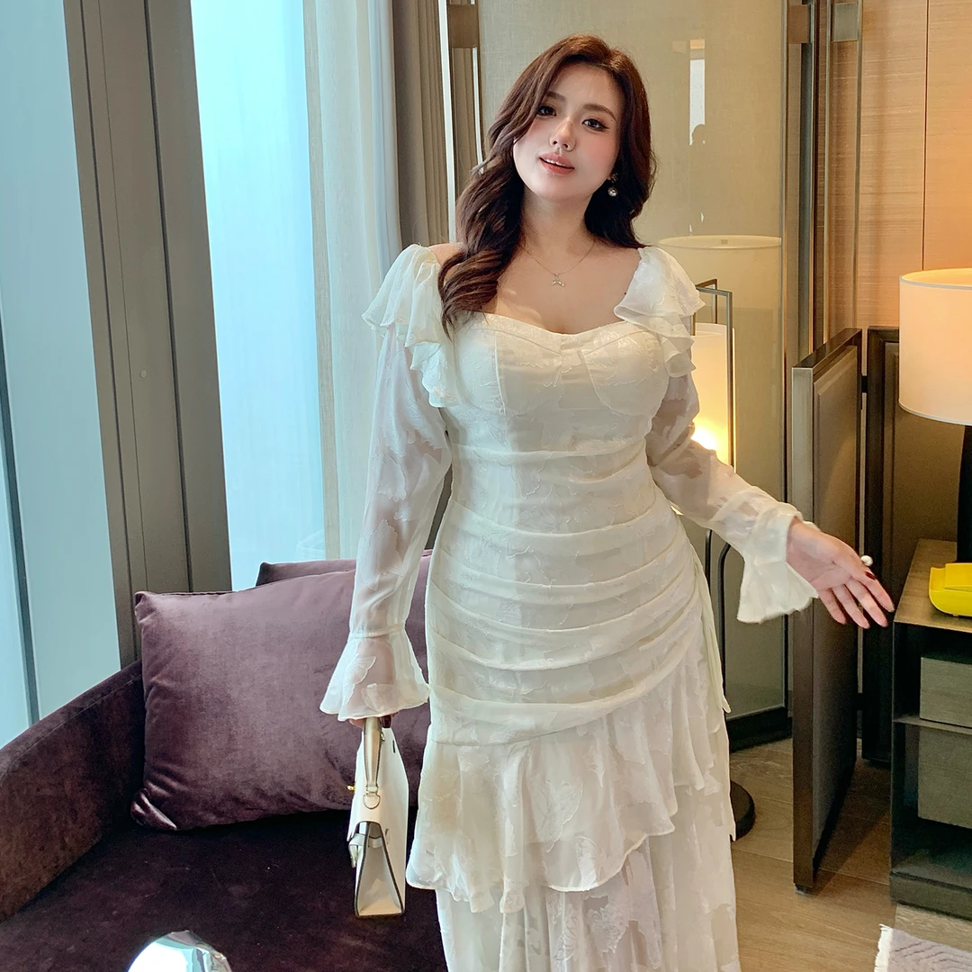 GLEC大码女装重要场合漂亮裙子法式人鱼姬蝴蝶提花时尚礼服连衣裙