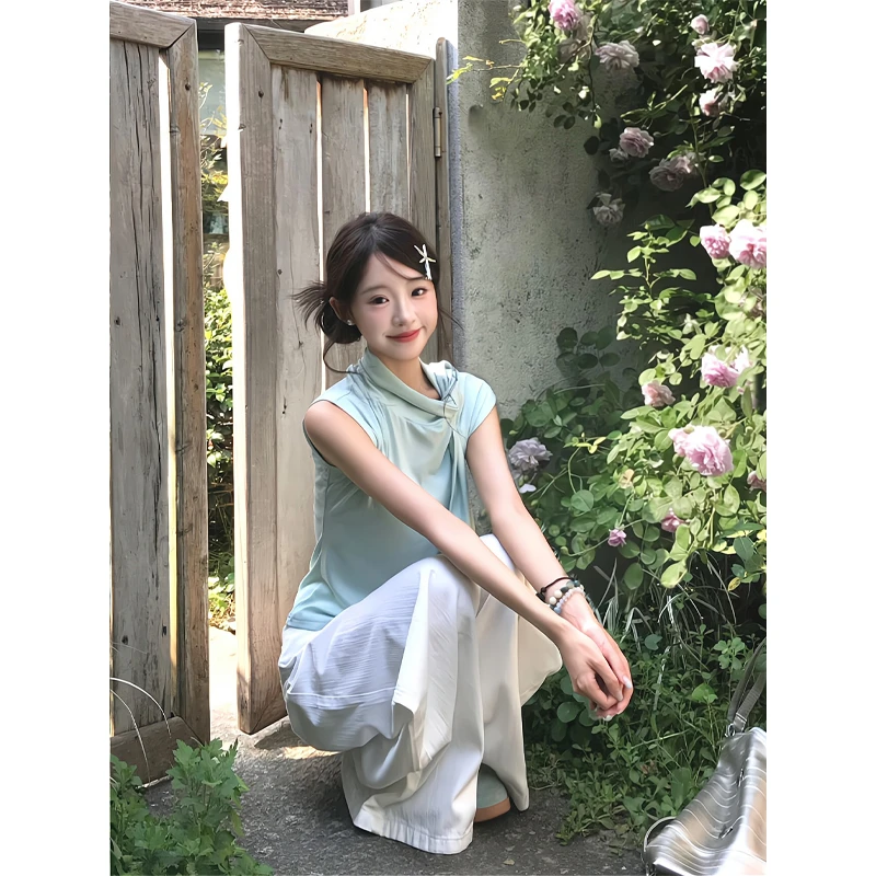 韩系独特别致蝴蝶结飘带绿色背心显瘦无袖上衣直筒宽松微喇阔腿裤