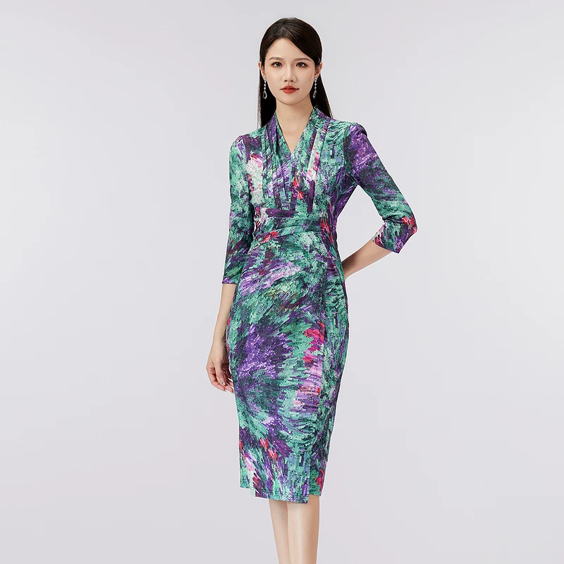 【水墨丹青】SUSSI/古色前V型立领中长袖印花连衣裙时尚气质修身