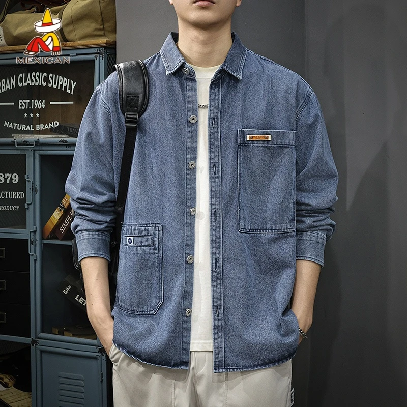 Mexican/稻草人美式潮牌牛仔衬衫男款秋季宽松休闲复古上衣外套潮