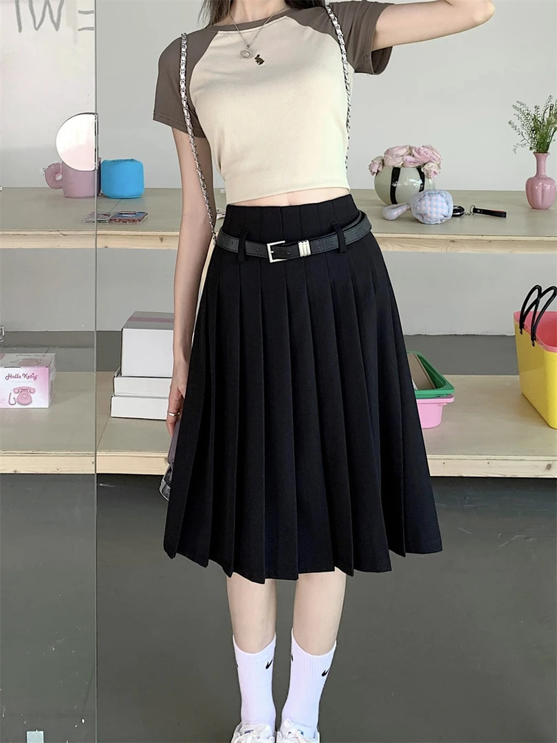 显瘦高腰半身裙黑色高腰中裙夏季黑色A字裙学院风韩版细褶百褶裙