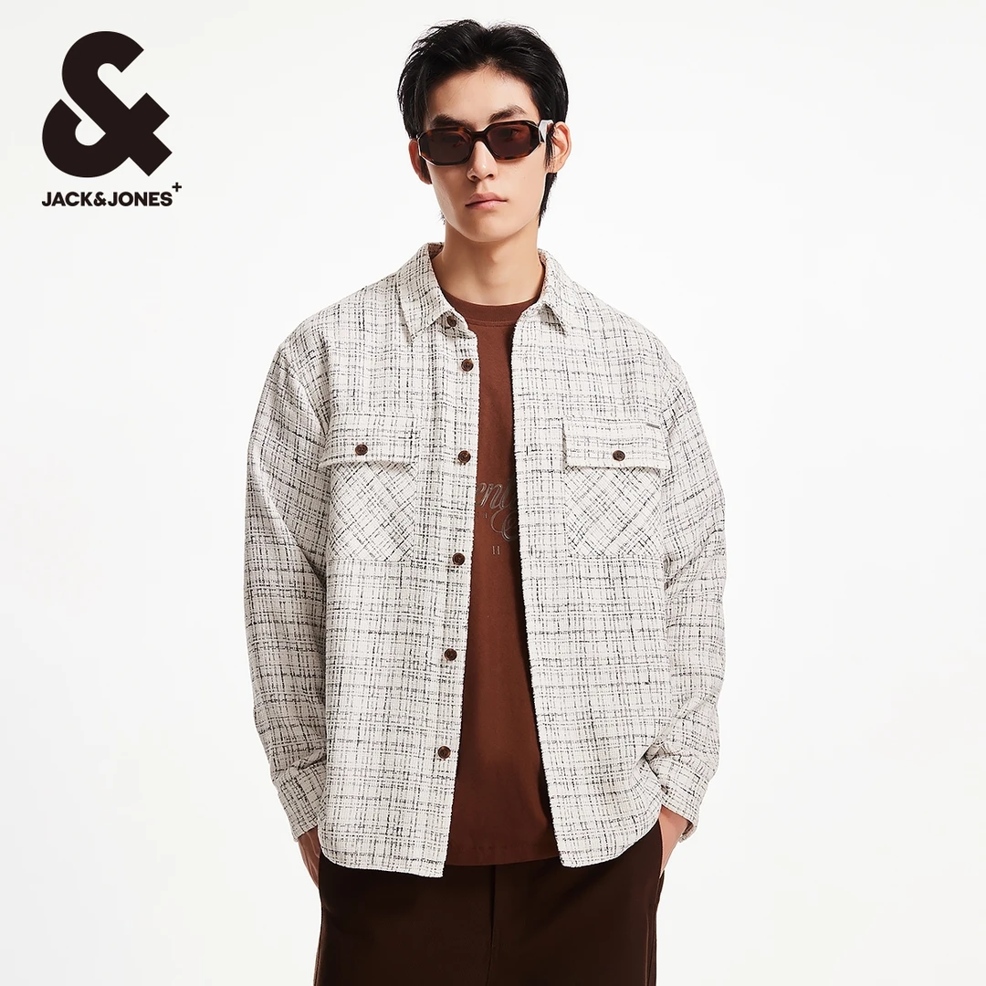 杰克琼斯春季新款潮流宽松休闲翻领领口格纹花呢长袖衬衫夹克男装