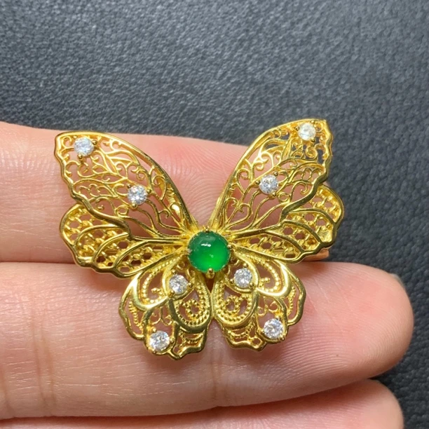 天然翡翠阳绿胸针毛衣链S925银蝴蝶吊坠两用镶嵌复古高档时尚轻奢