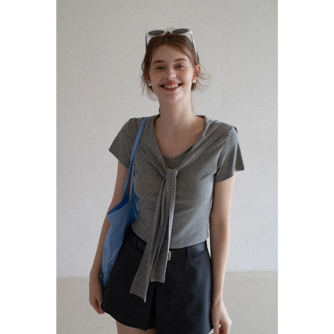 EGGKA【现现】绑带海军领短袖T恤夏季显瘦休闲百搭E25A3874AF