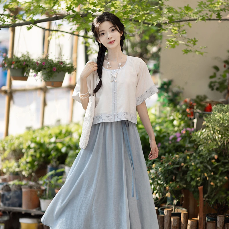 池夏【夏至:竹溪】唐褙子人棉八分破裙短裤套装原创改良汉服女 夏