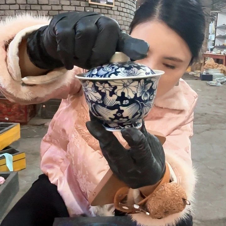 陶摆件景德镇高温陶瓷聂盖碗