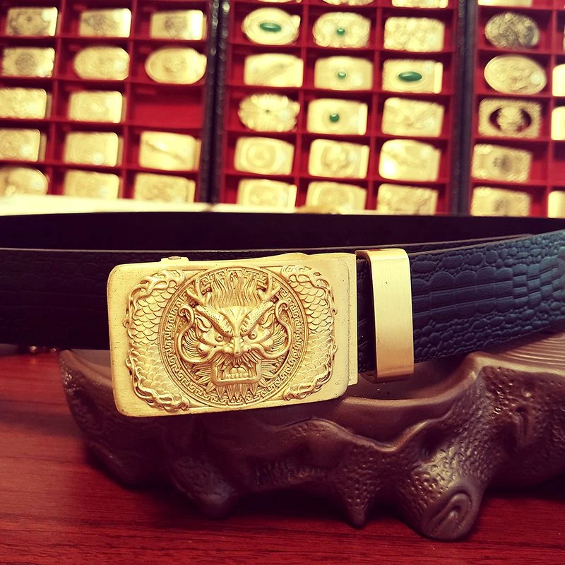 【匠心定制】浮雕龙王自动扣套装头层牛皮男士腰带纯黄铜皮带43