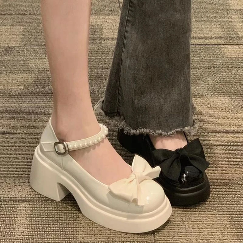 高跟玛丽珍小皮鞋女2025春新款厚底增高蝴蝶结配裙子白色百搭单鞋