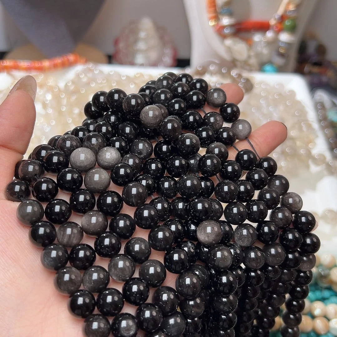 玛瑙/玉髓合金珠宝半成品C723 10mm天然银曜石圆珠一条