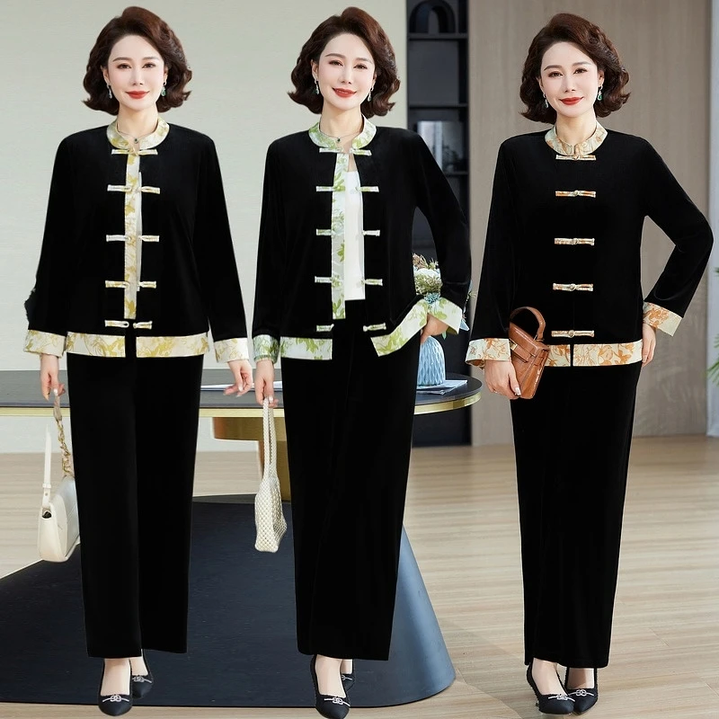 中年妈妈秋装洋气金丝绒套装国风新款阔太太中老年人女装春秋外套