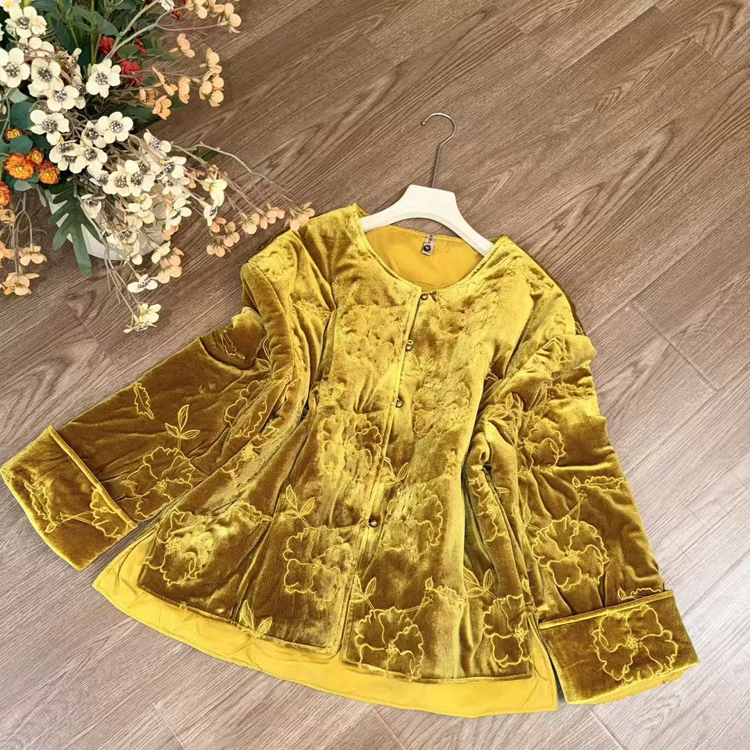 【大季原创】Z992秋季新中式宽松丝绒棉服外套女国风复古女装