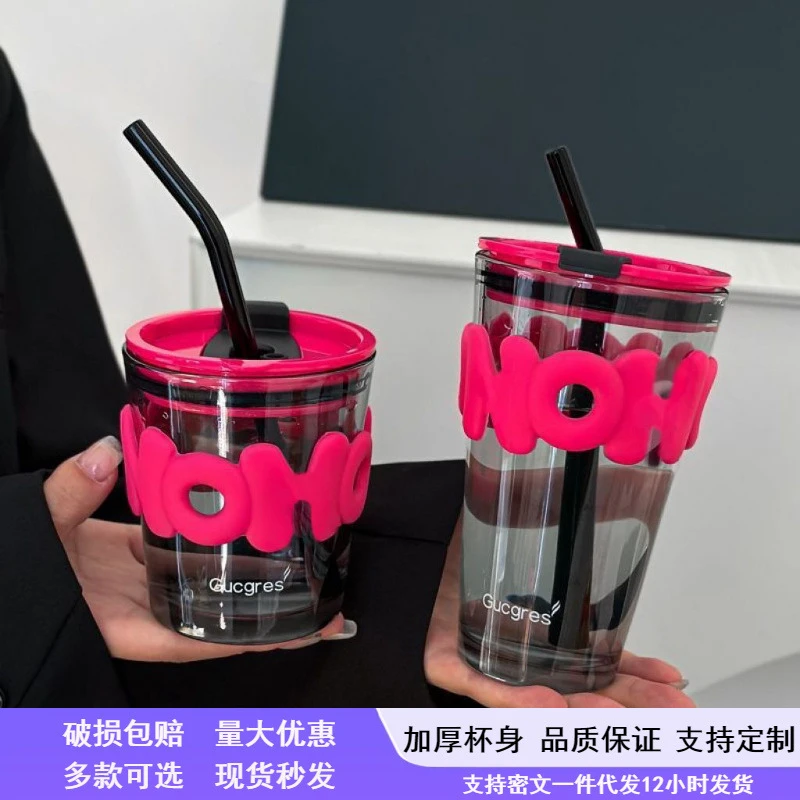耐热Gucgres杯盖玻璃杯加厚牛奶杯可爱玻璃杯ins风带盖喝水家用
