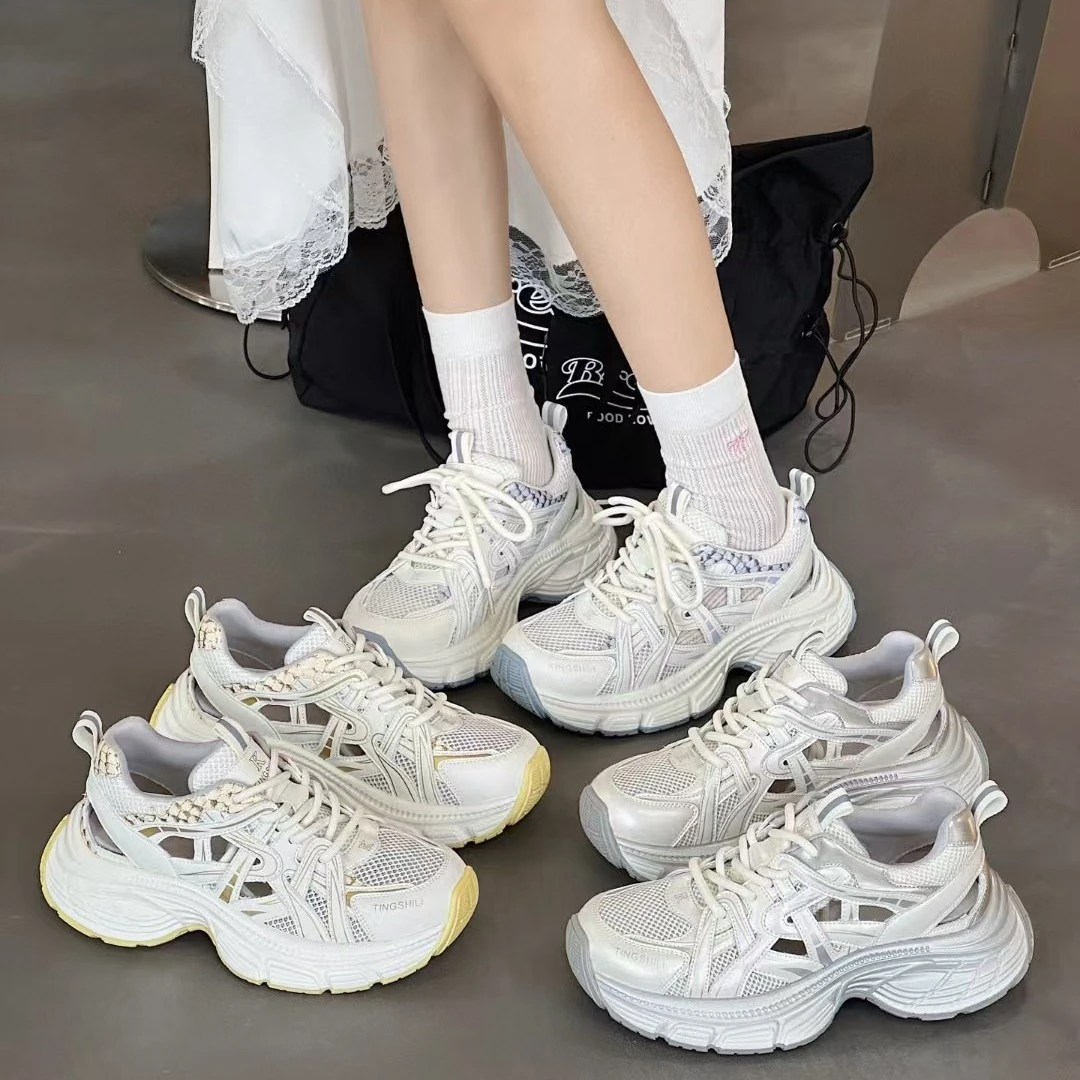 真皮老爹鞋女2025夏季新款单网透气运动休闲鞋百搭厚底轻便跑步鞋