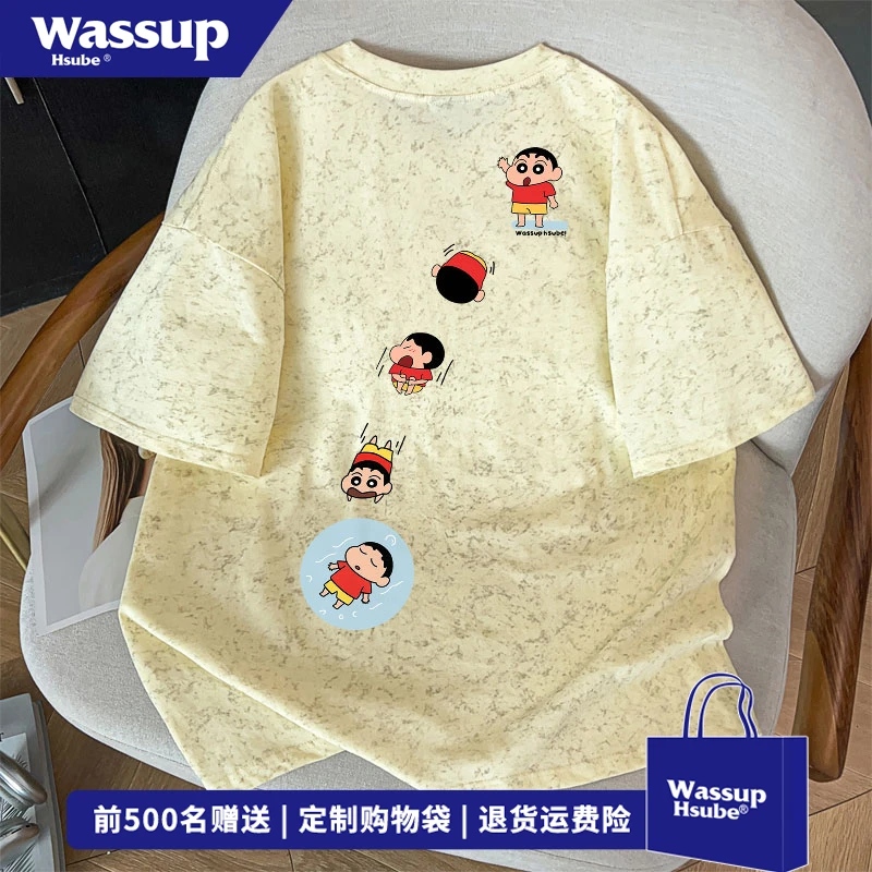 WASSUP HSUBE潮牌卡通印花t恤短袖男女夏季美式oversize扎染上衣