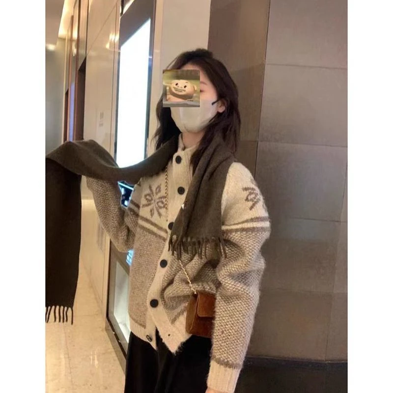 费尔岛提花高领毛衣外套女秋冬季加厚高级感针织开衫慵懒软糯上衣