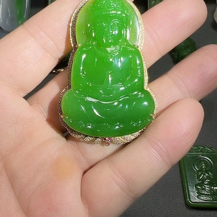 和田玉（碧玉）18K金镶嵌吊坠(不含链)