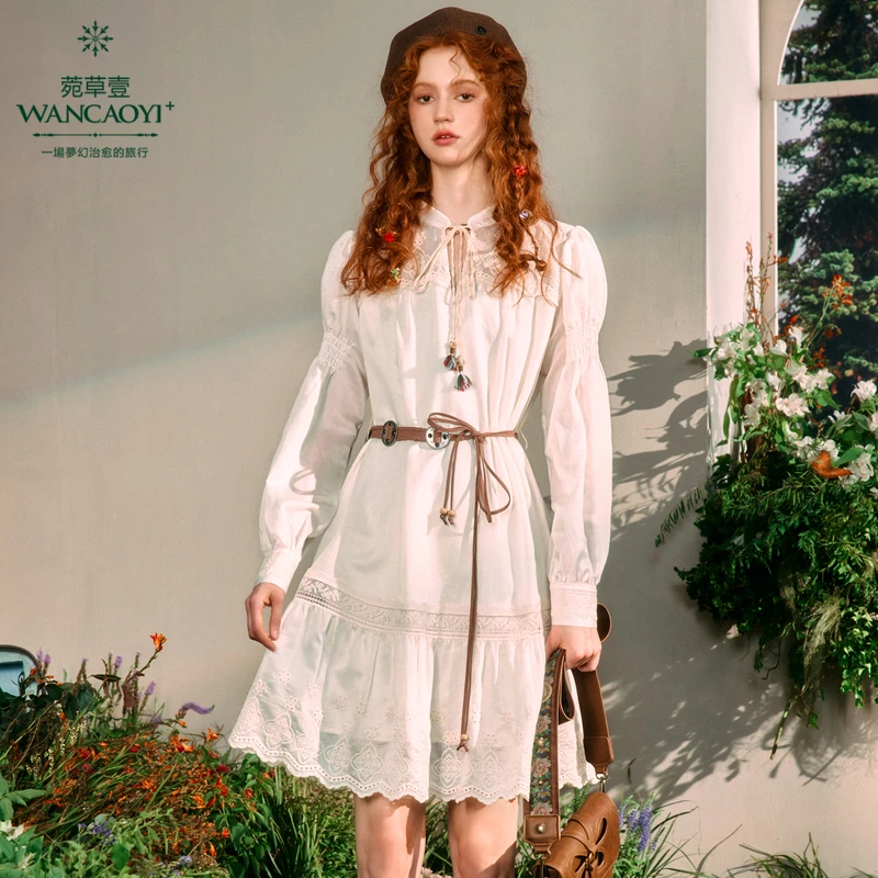 菀壹2025春季新款蕾丝连衣裙气质时尚收腰系带长袖Q20231411
