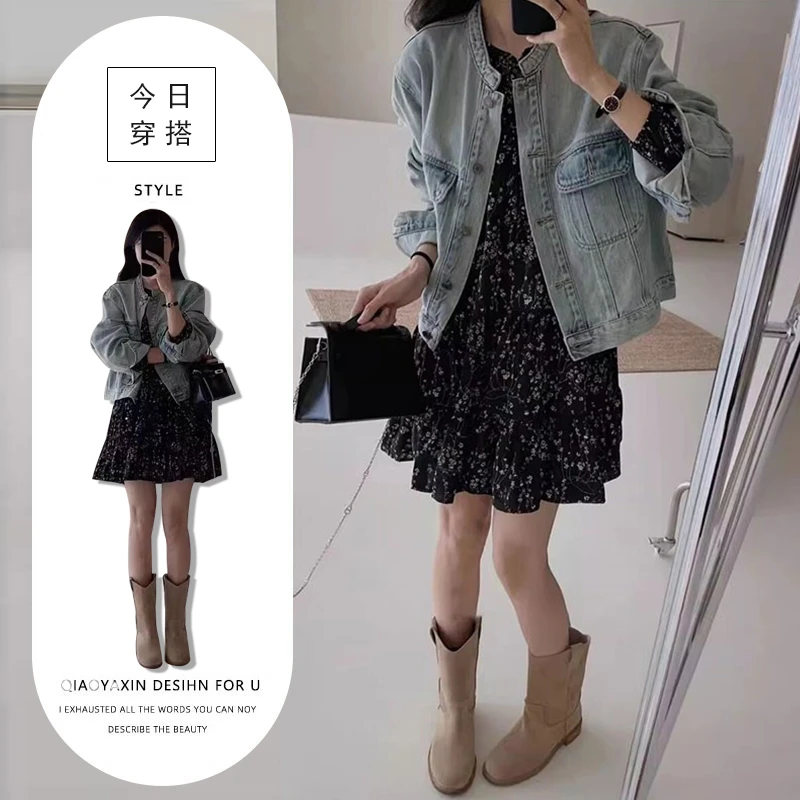 独特别致套装春秋季复古宽松圆领百搭牛仔外套洋气显瘦碎花连衣裙