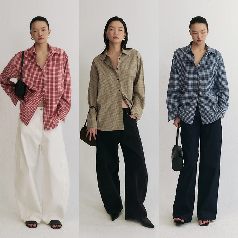 SLO“老友书店”磨毛衬衫经典格纹落肩宽松H型衬衣女早秋长袖上衣