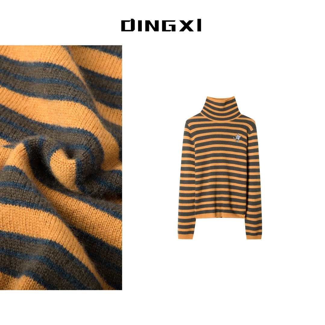 【复古暖绒条纹】时尚秋冬撞色长袖衫堆堆领条纹半高领厚款