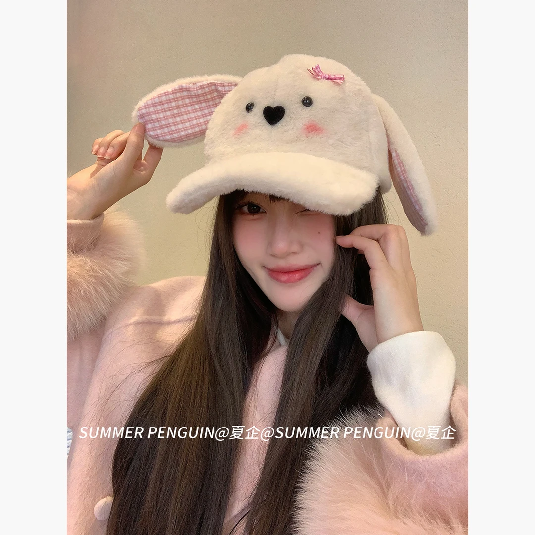 SUMMER PENGUIN可爱腮红兔子耳朵格纹棒球帽女冬季显脸小鸭舌帽