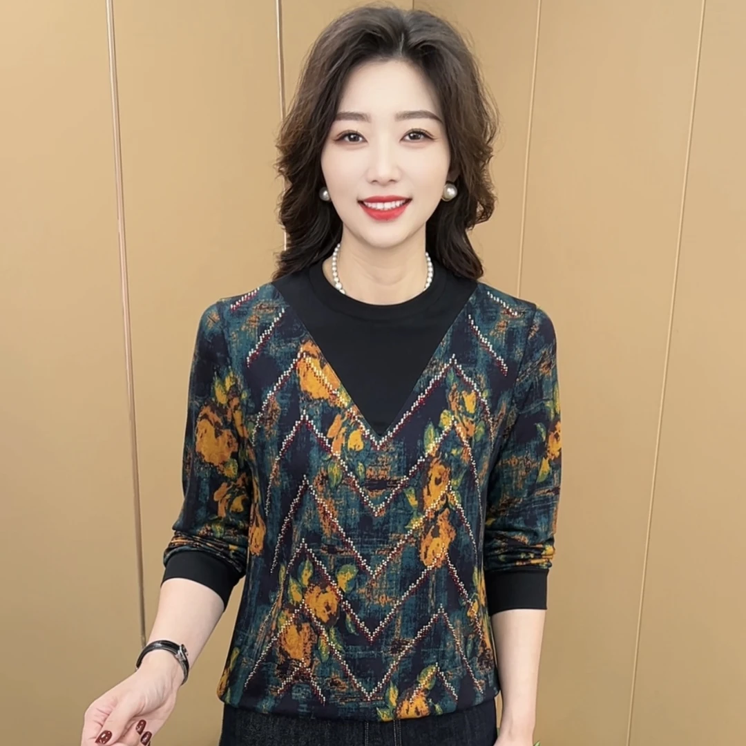 秋季新款时尚圆领假两件气质妈妈装显瘦洋气休闲百搭长袖上衣K855