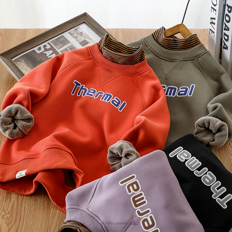 男女童加绒卫衣2025冬季新款儿童加厚一体绒假两件半高领洋气上衣