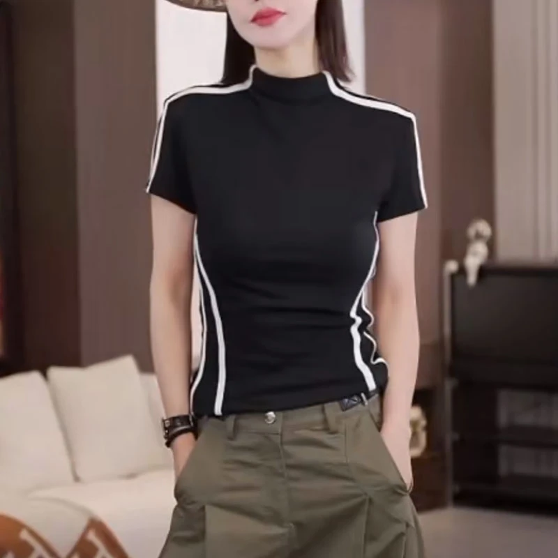 条纹正肩短袖t恤女2025夏季新款设计感小众甜辣时尚百搭短款上衣