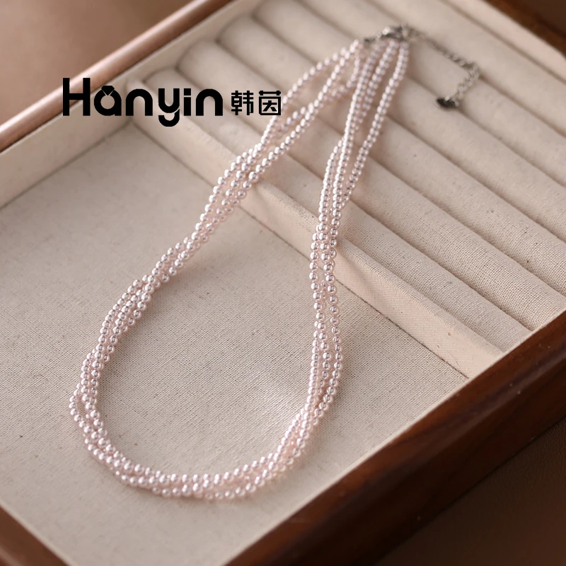 钛钢仿珍珠项链 47cm/3mm满串曼塔玫瑰三层缠绕珠珠项链锁骨链ins