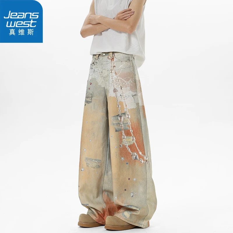 真维斯3D链条印花美式高街牛仔裤男潮牌复古废土风宽松阔腿长裤