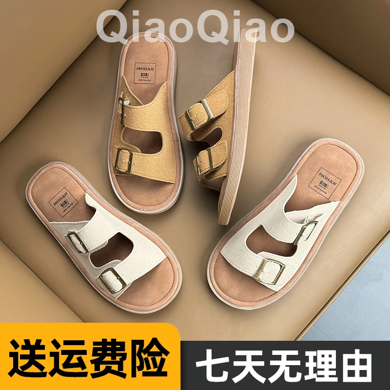 韩版厚底勃肯鞋女夏季外穿半拖鞋2025新款沙滩钓鱼博肯一字凉拖鞋