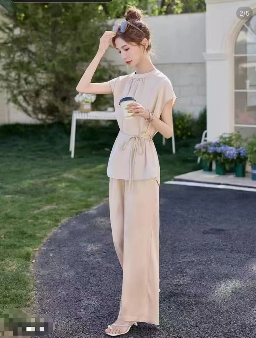 【QX867】都市通勤冰花暗纹高级感两件套裤2025系带衬衣阔腿九分裤