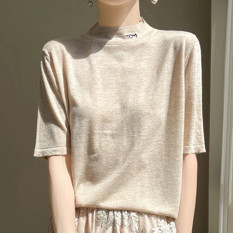经典百搭~精纺超细羊毛半袖T恤女薄款针织五分袖宽松半高领打底衫