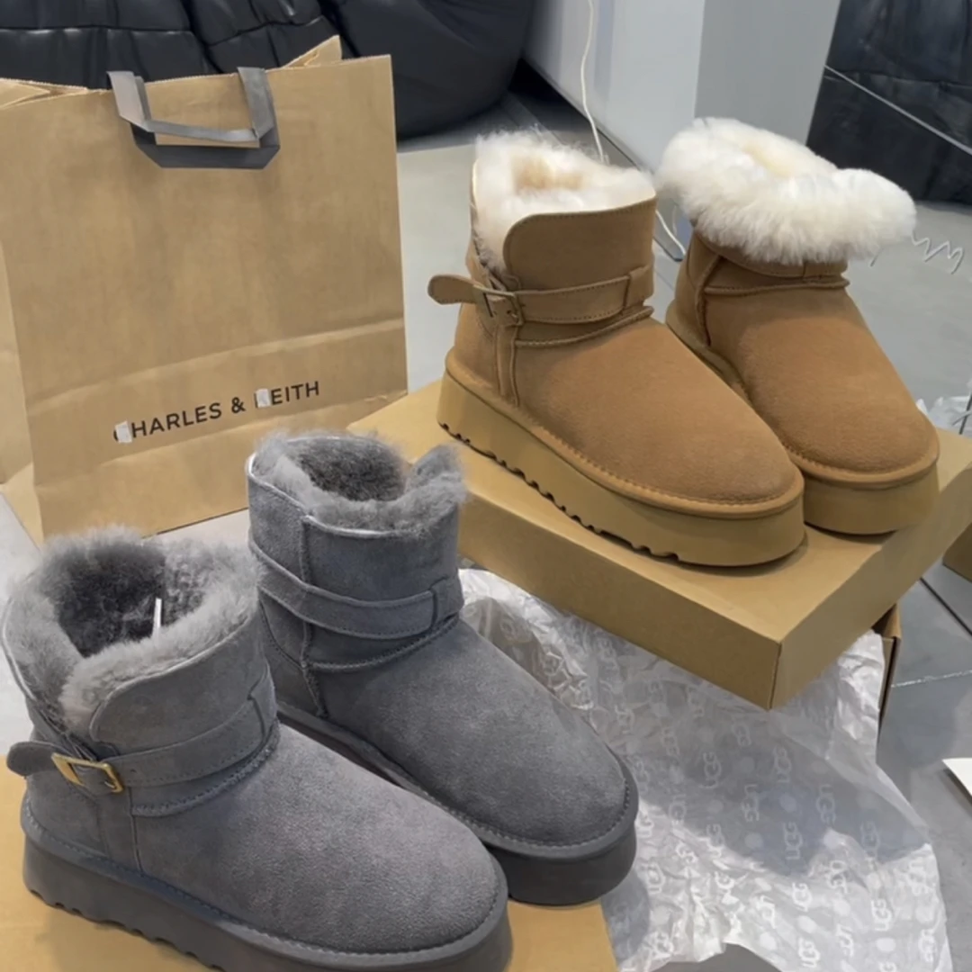 保暖纯色高帮皮带扣时尚雪地靴雪地靴经典女鞋冬季