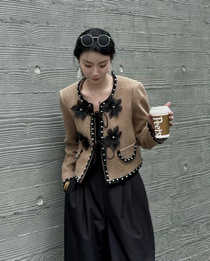 【DF】纯色网红秋季重工女装短款时尚春季上衣流苏一百羊毛8813
