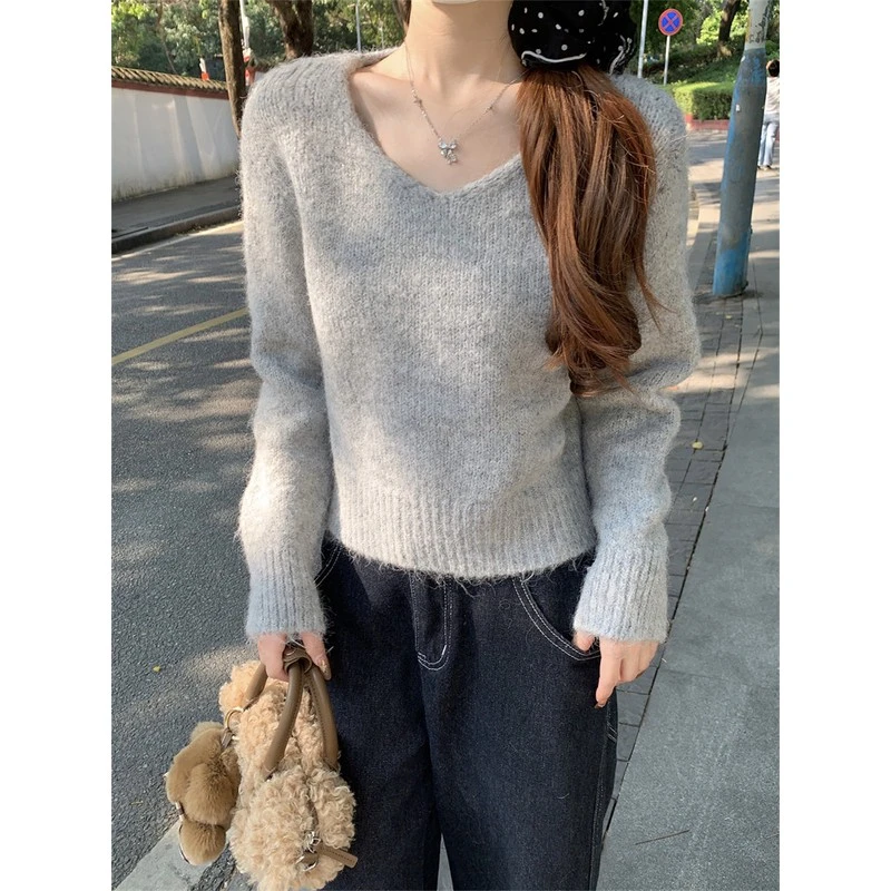 法式紫色羊驼绒毛衣女春秋套头V领短款独特漂亮内搭针织打底上衣