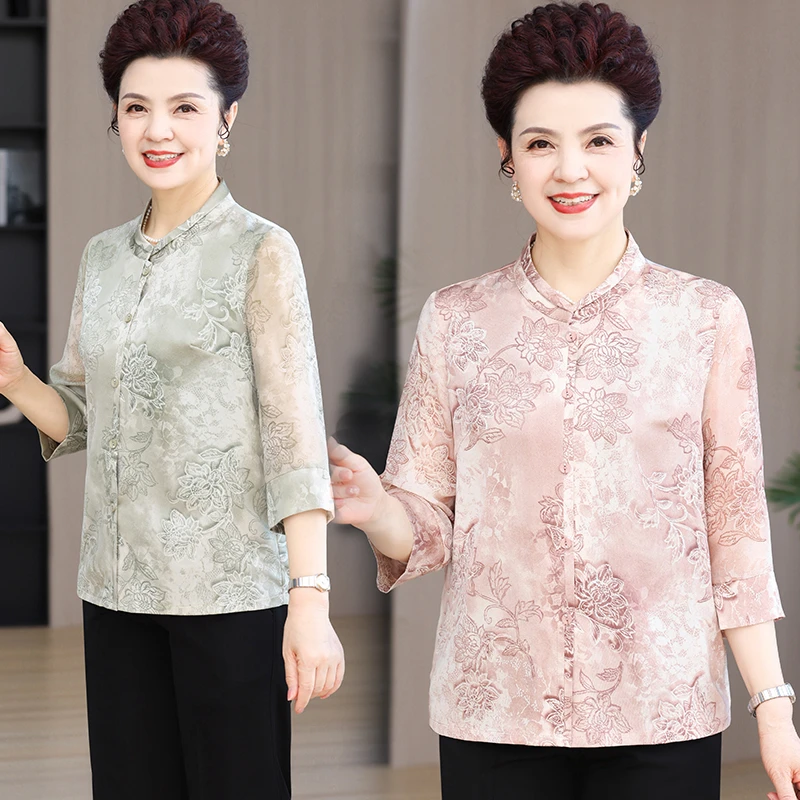 老年人衣服奶奶夏装七分袖上衣服女装夏季套装妈妈衬衫老太太洋气